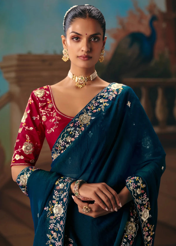 Peacock Blue Georgette Silk Saree with Red Contrast Blouse