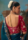 Peacock Blue Georgette Silk Saree with Red Contrast Blouse