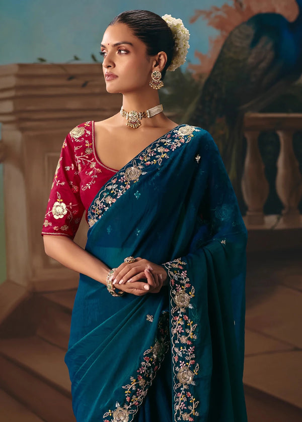 Peacock Blue Georgette Silk Saree with Red Contrast Blouse