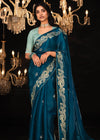 Peacock Blue Heavy Embroidery Designer Silk Saree