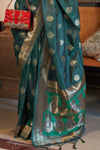 Peacock Blue Tanchoi Handloom Weaving Satin Saree