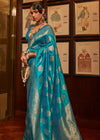 Peacock Blue Woven Banarasi Soft Silk Saree