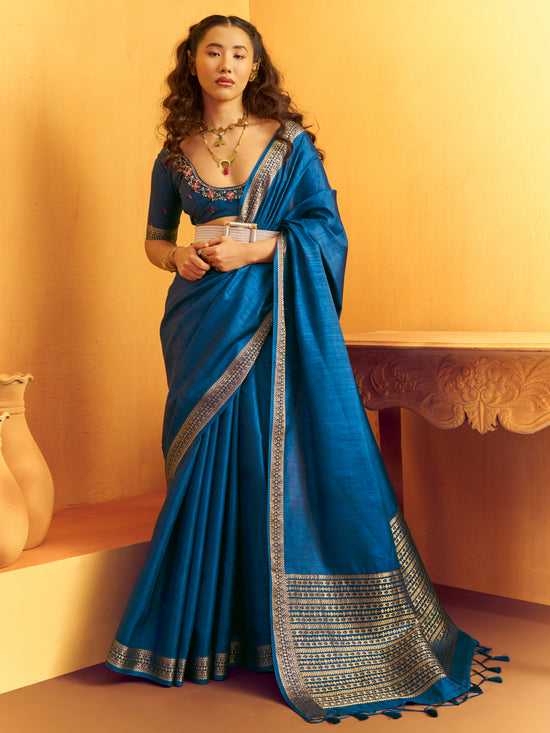 Peacock Blue Woven Designer Tussar Silk Saree