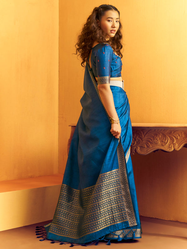 Peacock Blue Woven Designer Tussar Silk Saree, side view