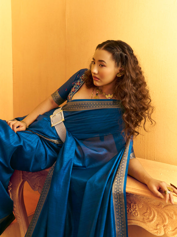 Peacock Blue Woven Designer Tussar Silk Saree