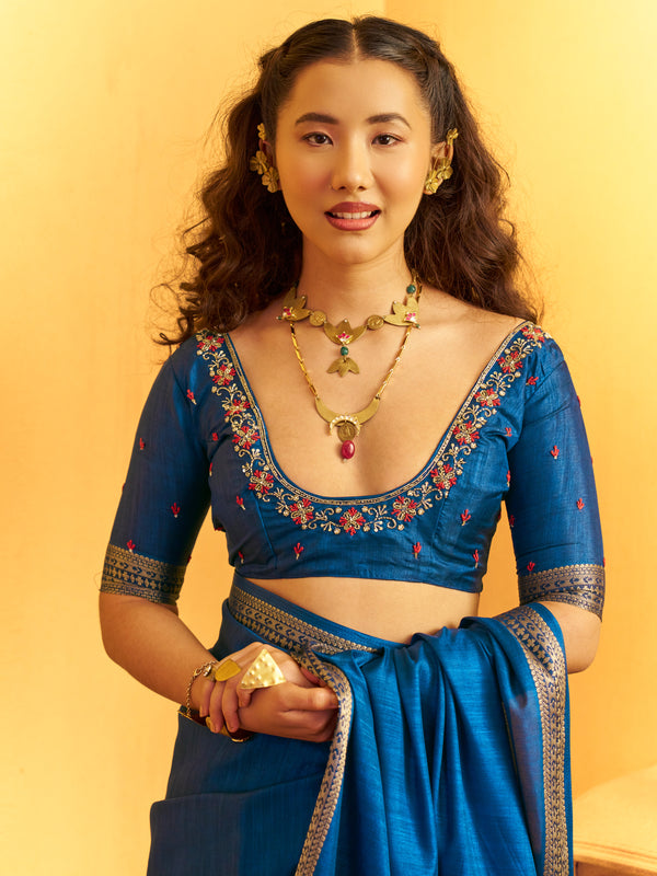 Peacock Blue Woven Designer Tussar Silk Saree, blouse close-up