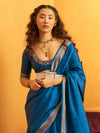 Peacock Blue Woven Designer Tussar Silk Saree, pallu and blouse