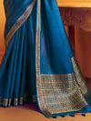 Peacock Blue Woven Designer Tussar Silk Saree, border and drape
