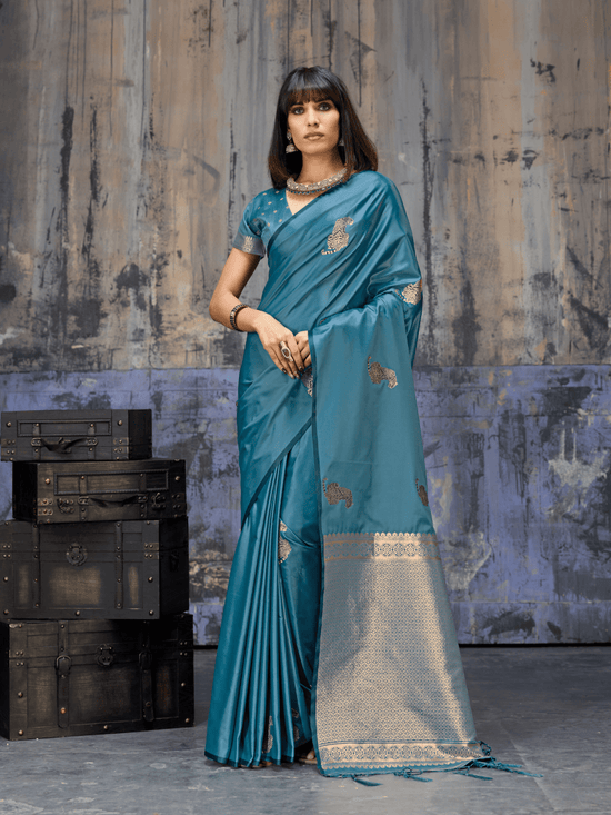 Peacock Teal Banarasi Satin Silk Saree