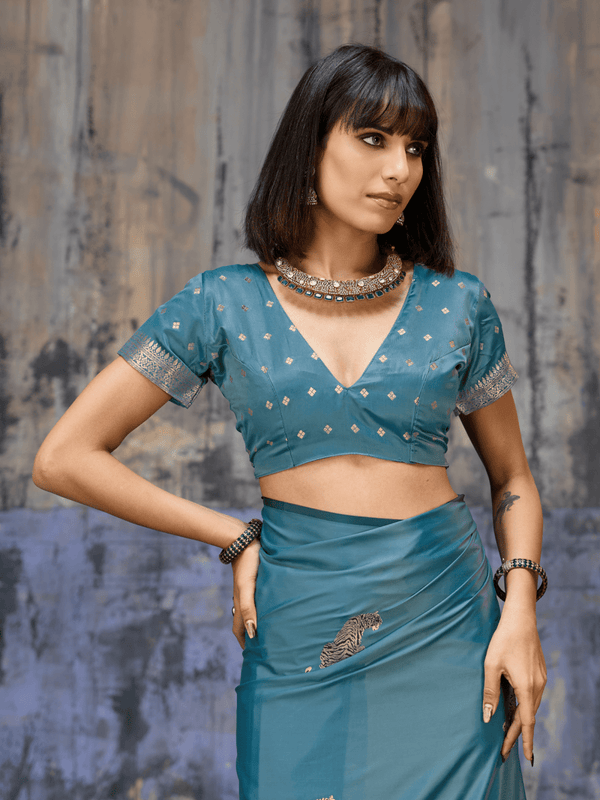 Peacock Teal Banarasi Satin Silk Saree
