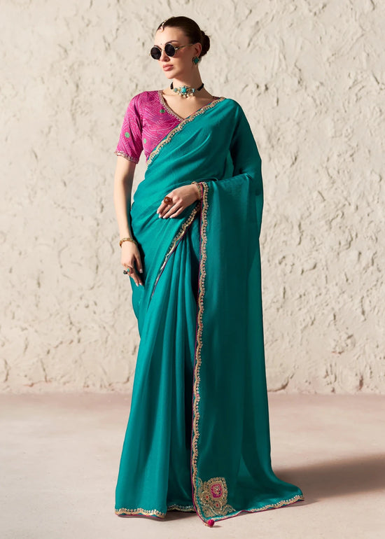 Peacock Teal Designer Organza Saree with Pink Contrast Blouse