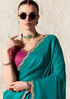 Peacock Teal Designer Organza Saree with Pink Contrast Blouse