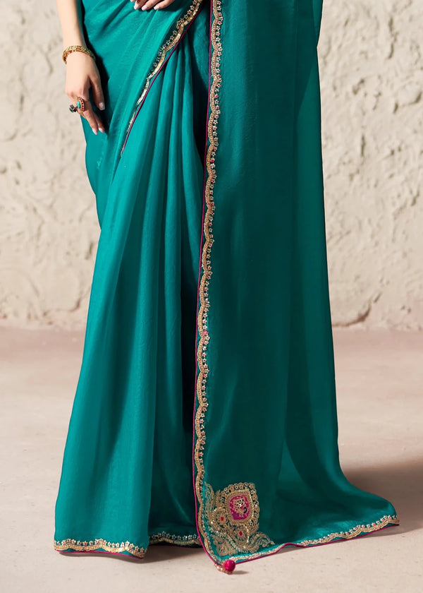 Peacock Teal Designer Organza Saree with Pink Contrast Blouse
