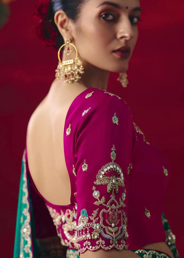 Peacock Teal Designer Silk Saree with Contrast Blouse