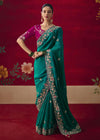 Peacock Teal Designer Silk Saree with Contrast Blouse