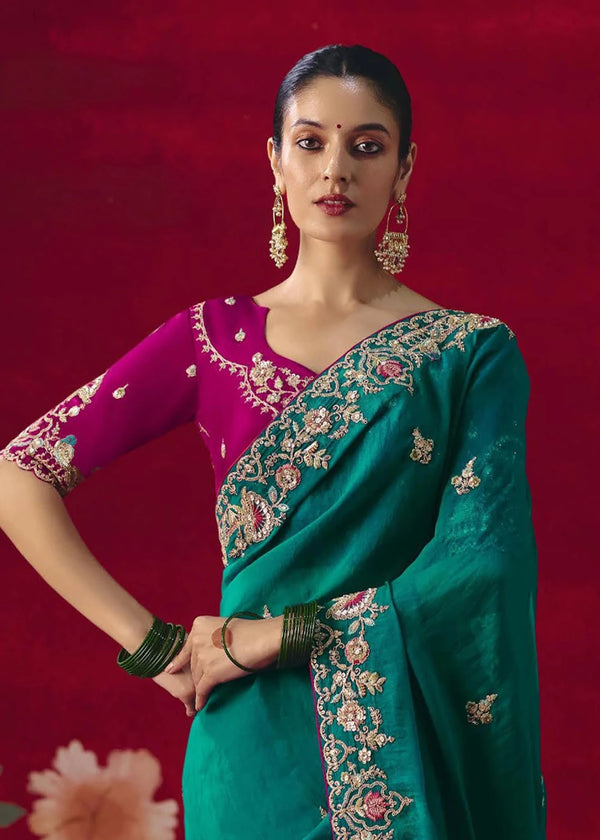 Peacock Teal Designer Silk Saree with Contrast Blouse