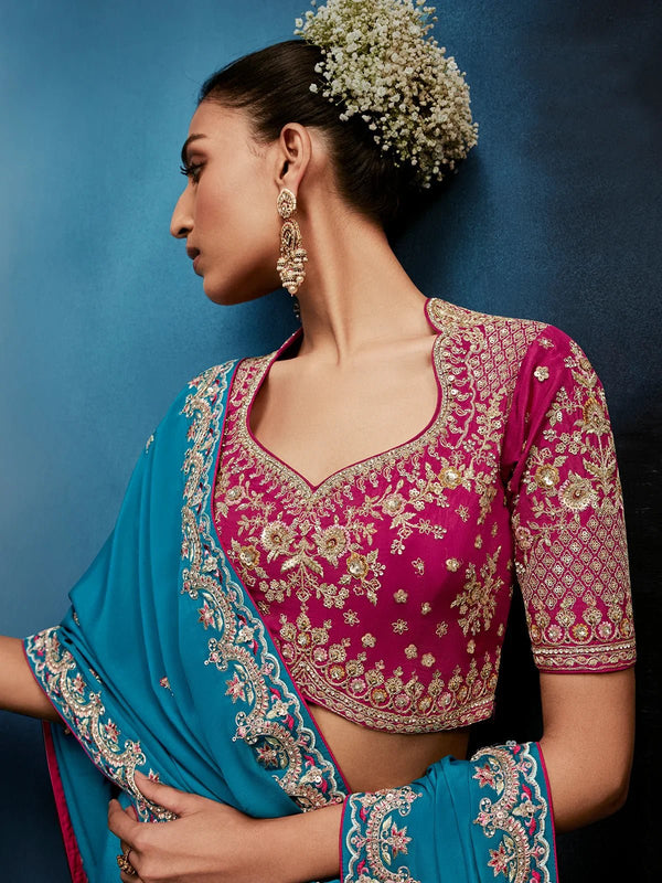Peacock Teal Designer Silk Saree with Contrast Rani Pink Blouse