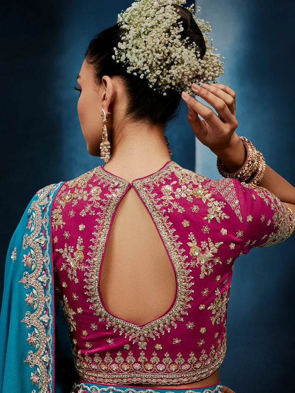 Peacock Teal Designer Silk Saree with Contrast Rani Pink Blouse