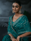 Peacock Teal Embroidered Designer Satin Silk Saree