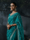 Peacock Teal Embroidered Designer Satin Silk Saree