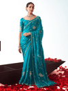Peacock Teal Embroidered Designer Satin Silk Saree
