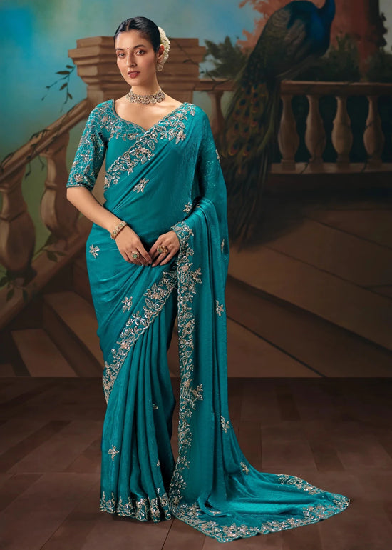 Peacock Teal Georgette Silk Saree