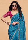 Peacock Teal Satin Silk Designer Saree with Rani Pink Contrast Blouse