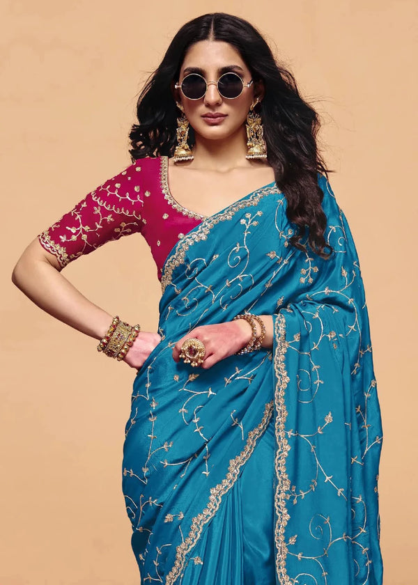 Peacock Teal Satin Silk Designer Saree with Rani Pink Contrast Blouse