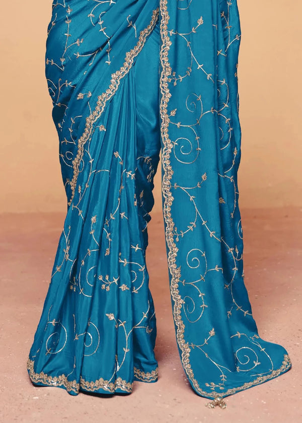 Peacock Teal Satin Silk Designer Saree with Rani Pink Contrast Blouse