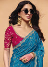 Peacock Teal Satin Silk Designer Saree with Rani Pink Contrast Blouse