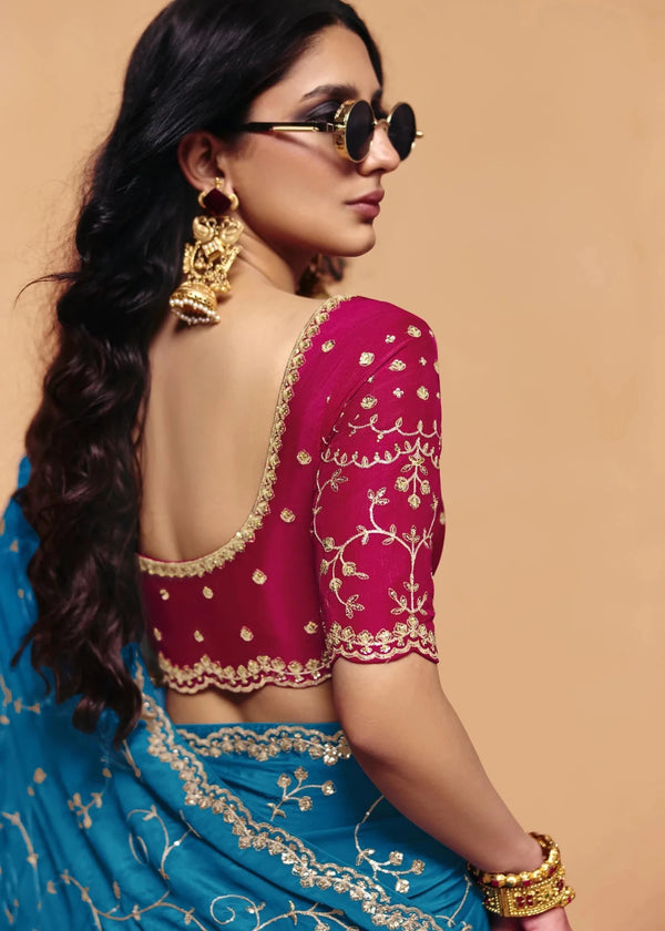 Peacock Teal Satin Silk Designer Saree with Rani Pink Contrast Blouse