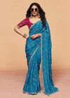 Peacock Teal Satin Silk Designer Saree with Rani Pink Contrast Blouse