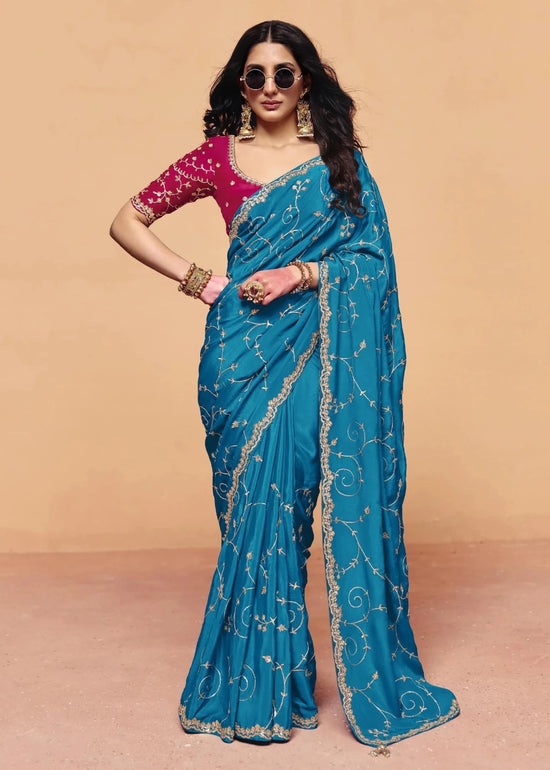 Peacock Teal Satin Silk Designer Saree with Rani Pink Contrast Blouse