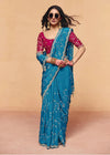 Peacock Teal Satin Silk Designer Saree with Rani Pink Contrast Blouse