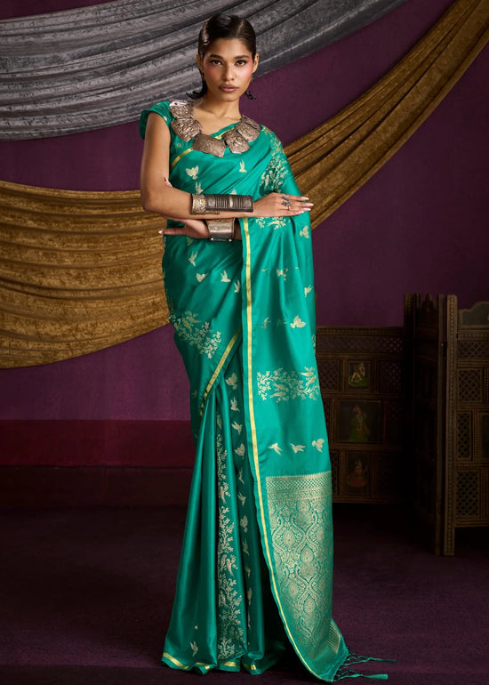 Peacock Teal Satin Silk Saree