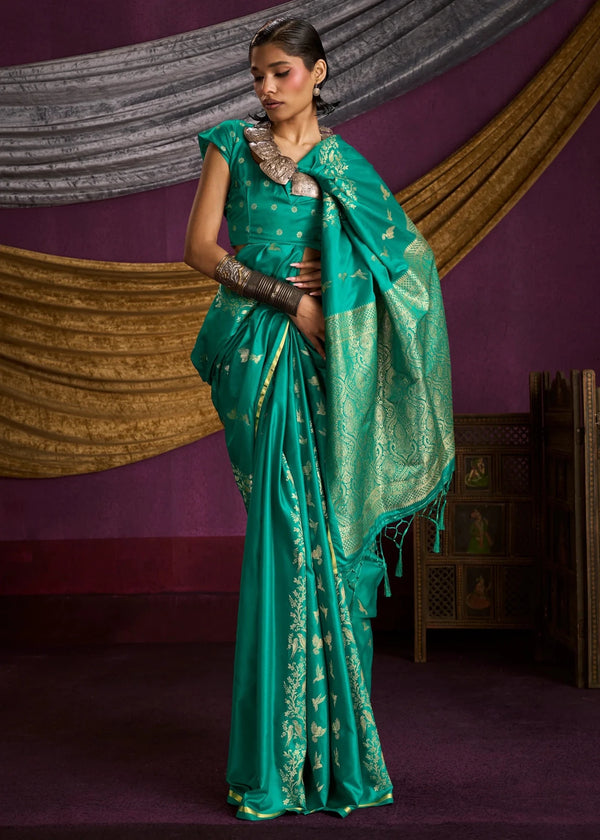 Peacock Teal Satin Silk Saree