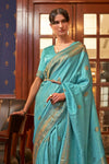 Pearl Aqua blue Woven Satin Silk Saree