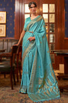 Pearl Aqua blue Woven Satin Silk Saree