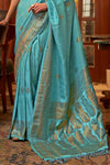 Pearl Aqua blue Woven Satin Silk Saree