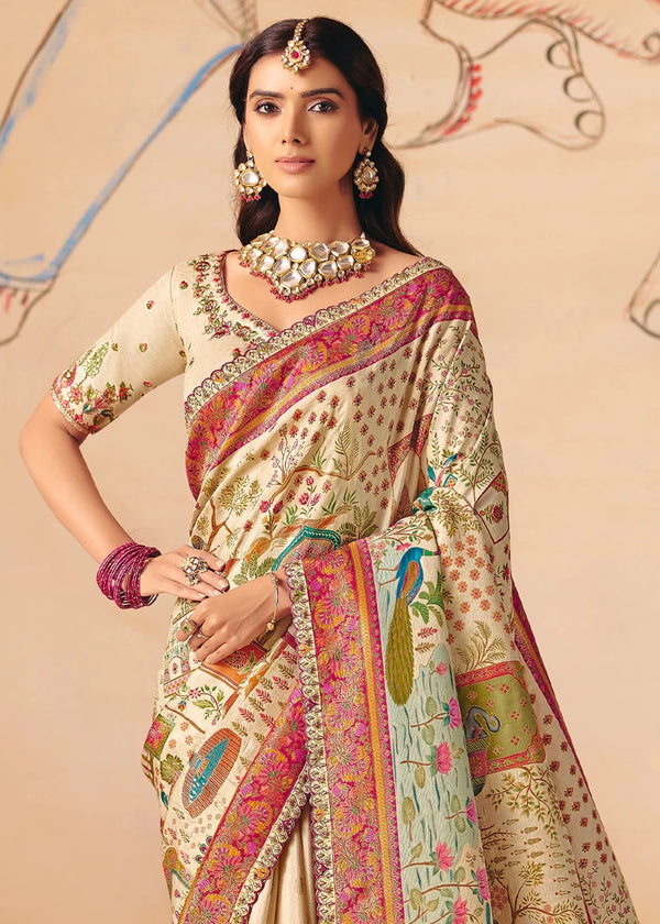 Pearl Ivory Off White Pichwai Designer Dola Silk Saree