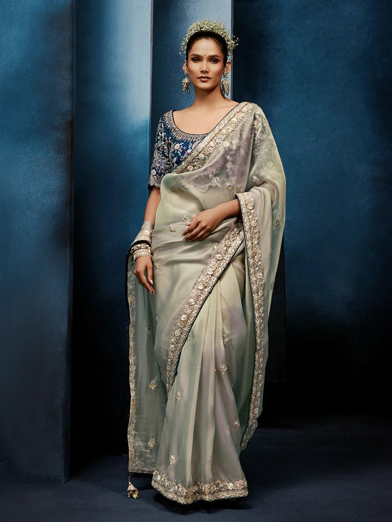 Pearl Silver Organza Silk Saree with Contrast Navy Blue Blouse