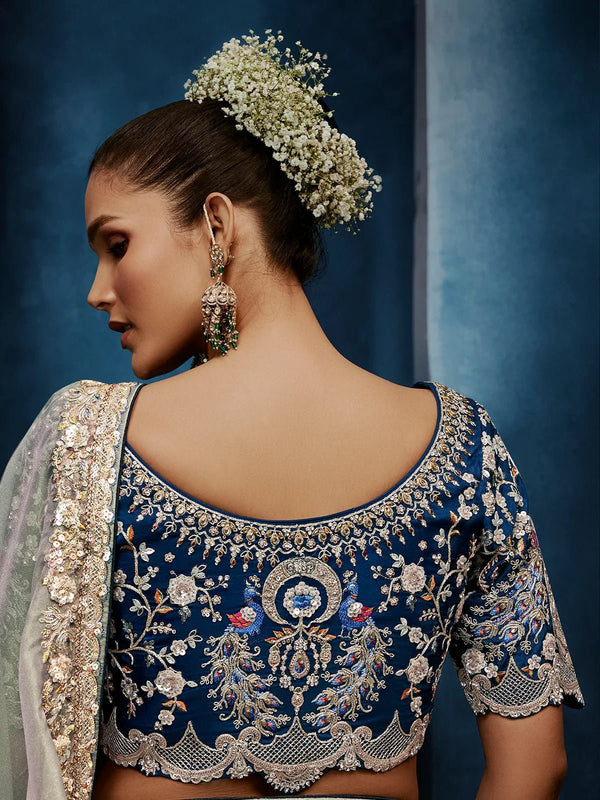 Pearl Silver Organza Silk Saree with Contrast Navy Blue Blouse