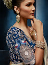 Pearl Silver Organza Silk Saree with Contrast Navy Blue Blouse