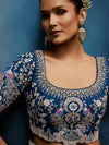 Pearl Silver Organza Silk Saree with Contrast Navy Blue Blouse