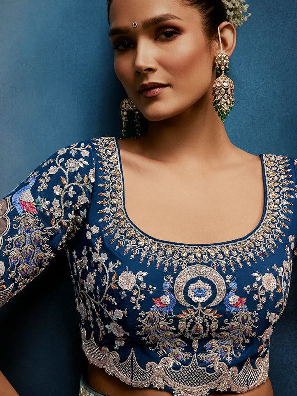 Pearl Silver Organza Silk Saree with Contrast Navy Blue Blouse