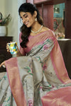 Pebble grey Banarasi Soft Silk Saree With Floral Prints