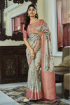 Pebble grey Banarasi Soft Silk Saree With Floral Prints