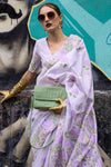 Perfume Lavender Parsi Handloom Woven Silk Saree with Tassels