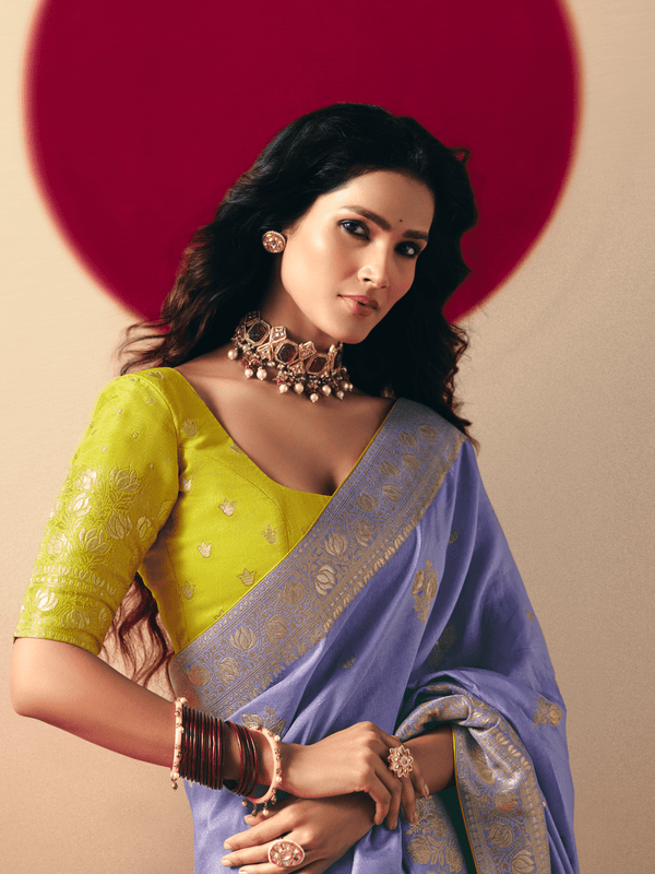 Periwinkle Blue Banarasi Silk Saree With Contrast Blouse