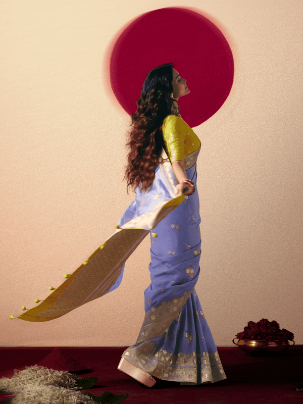 Periwinkle Blue Banarasi Silk Saree With Contrast Blouse